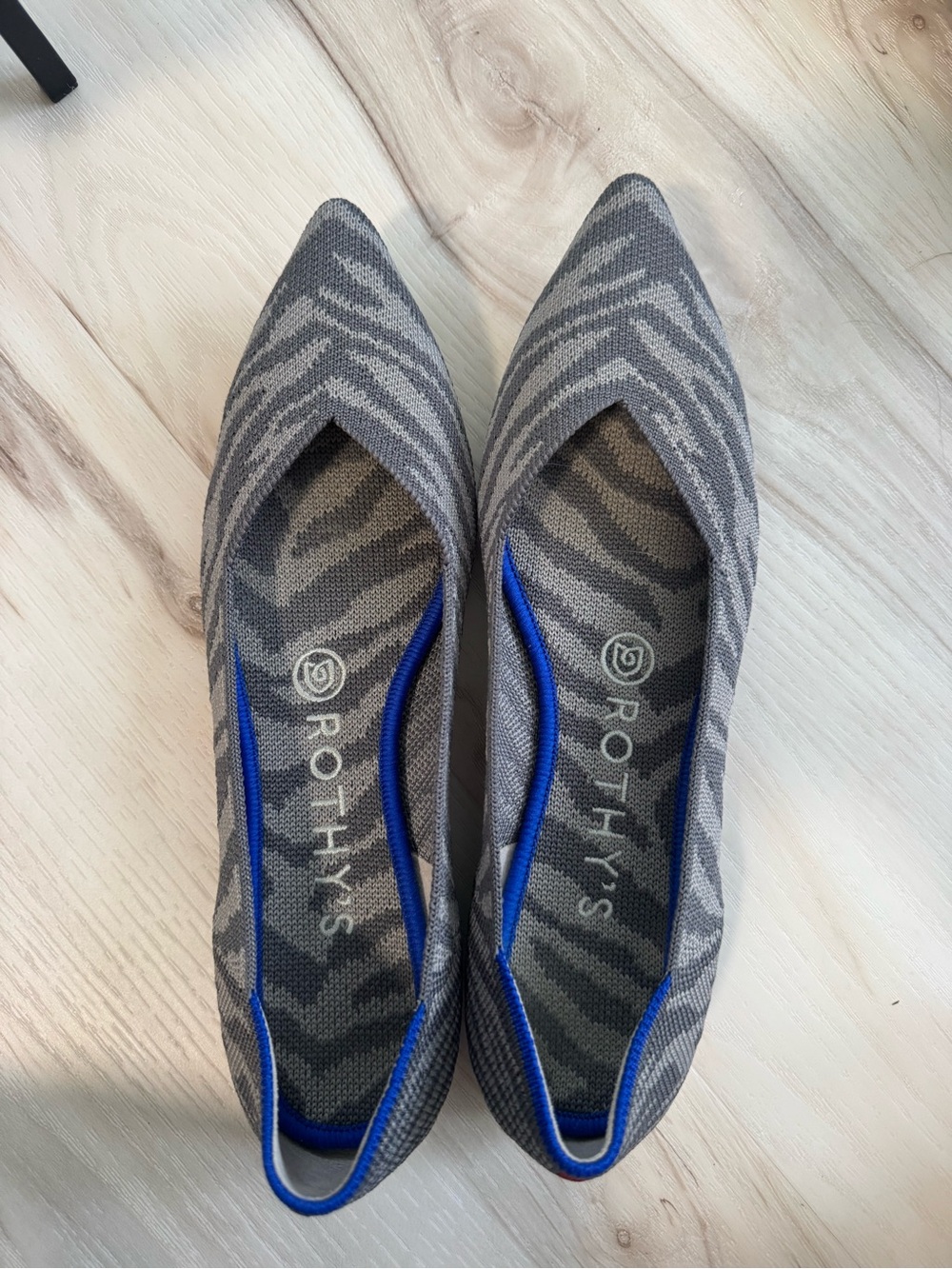Rothy's Gray Zebra-Patterned Pointed Flats with Blue Trim